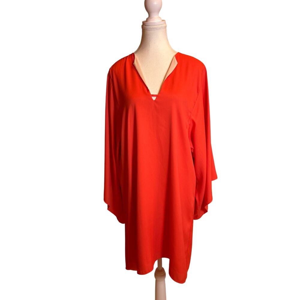 Elaine Turner | Coral/Orange Wide Sleeve V Neck Flowy Tunic Dress | Small